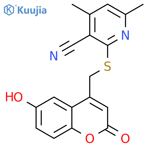 2-{[(6-hydroxy-2-oxo-2H-chromen-4-yl)methyl]sulfanyl}-4,6-dimethylpyridine-3-carbonitrile structure
