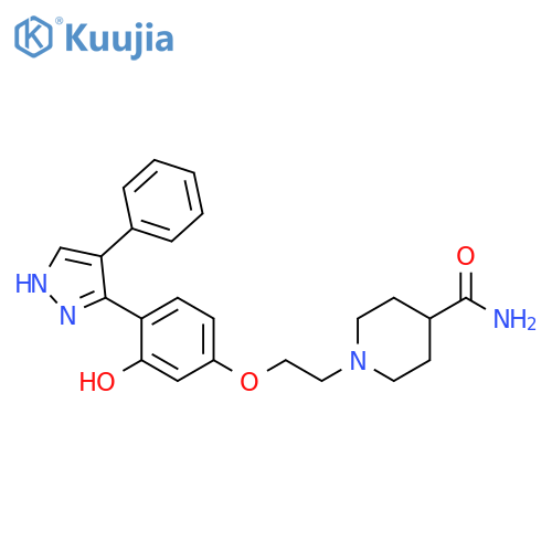1-{2-[3-hydroxy-4-(4-phenyl-1H-pyrazol-3-yl)phenoxy]ethyl}piperidine-4-carboxamide structure
