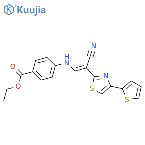 ethyl 4-{[(1E)-2-cyano-2-[4-(thiophen-2-yl)-1,3-thiazol-2-yl]eth-1-en-1-yl]amino}benzoate structure