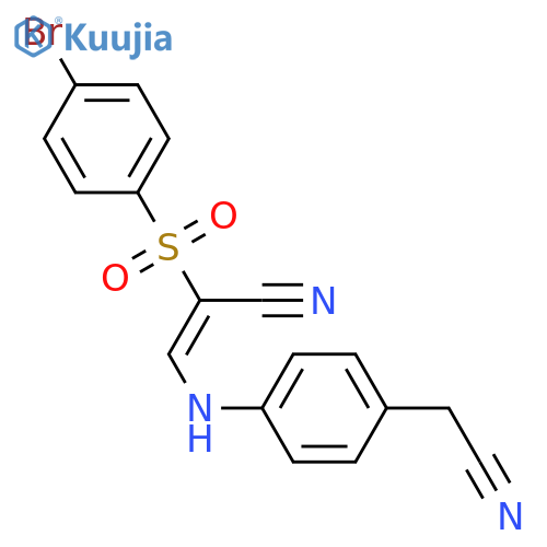 (E)-2-(4-bromophenyl)sulfonyl-3-[4-(cyanomethyl)anilino]prop-2-enenitrile structure