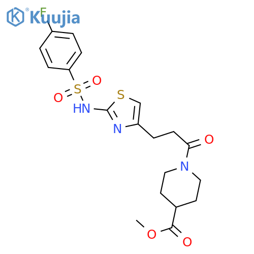 methyl 1-{3-[2-(4-fluorobenzenesulfonamido)-1,3-thiazol-4-yl]propanoyl}piperidine-4-carboxylate structure