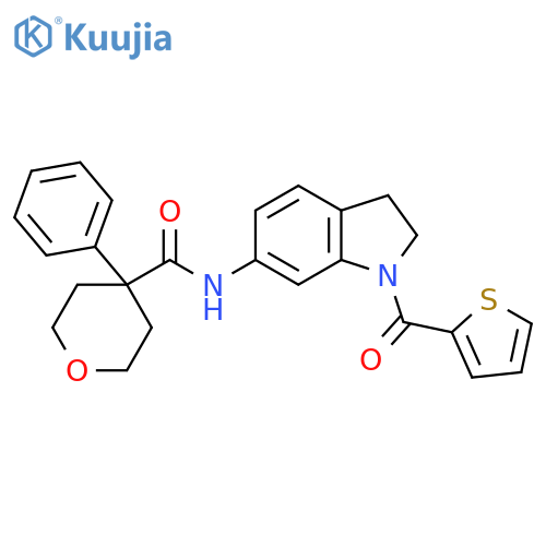 4-phenyl-N-[1-(thiophene-2-carbonyl)-2,3-dihydro-1H-indol-6-yl]oxane-4-carboxamide structure