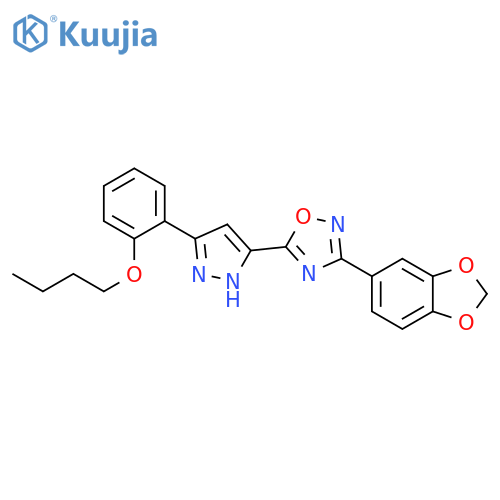 3-(2H-1,3-benzodioxol-5-yl)-5-[3-(2-butoxyphenyl)-1H-pyrazol-5-yl]-1,2,4-oxadiazole structure