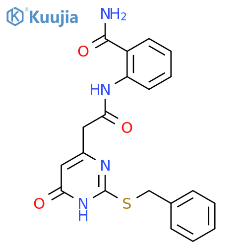2-{2-[2-(benzylsulfanyl)-6-oxo-1,6-dihydropyrimidin-4-yl]acetamido}benzamide structure