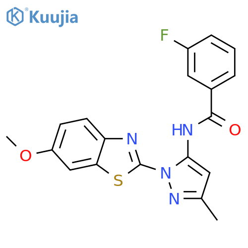 3-fluoro-N-[1-(6-methoxy-1,3-benzothiazol-2-yl)-3-methyl-1H-pyrazol-5-yl]benzamide structure
