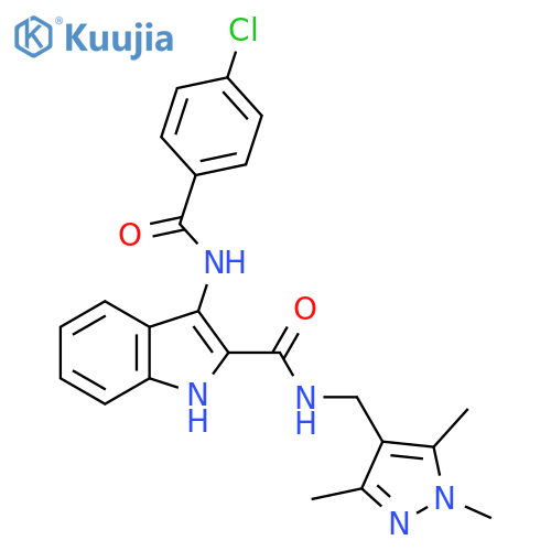 3-(4-chlorobenzamido)-N-[(1,3,5-trimethyl-1H-pyrazol-4-yl)methyl]-1H-indole-2-carboxamide structure