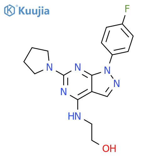 2-{[1-(4-fluorophenyl)-6-(pyrrolidin-1-yl)-1H-pyrazolo[3,4-d]pyrimidin-4-yl]amino}ethan-1-ol structure