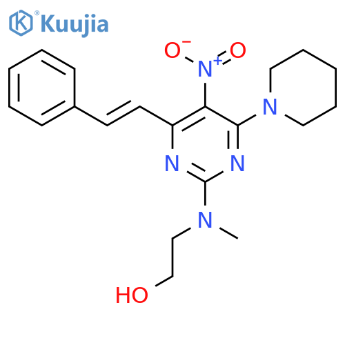 2-methyl({5-nitro-4-(E)-2-phenylethenyl-6-(piperidin-1-yl)pyrimidin-2-yl})aminoethan-1-ol structure