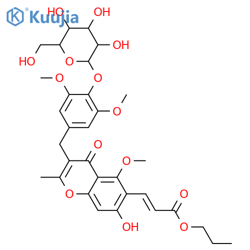 3',4',5,5',7-Pentahydroxy-2-methylhomoisoflavone-6-propenoic acid; 3',5,5'-Tri-Me ether, propyl ester, 4'-O-β-D-glucopyranoside structure