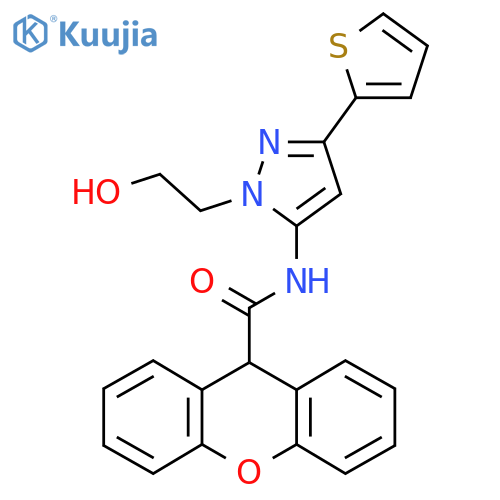 N-1-(2-hydroxyethyl)-3-(thiophen-2-yl)-1H-pyrazol-5-yl-9H-xanthene-9-carboxamide structure