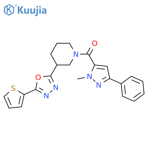 1-(1-methyl-3-phenyl-1H-pyrazole-5-carbonyl)-3-5-(thiophen-2-yl)-1,3,4-oxadiazol-2-ylpiperidine structure