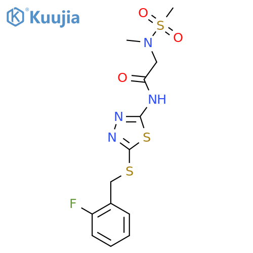 N-(5-{(2-fluorophenyl)methylsulfanyl}-1,3,4-thiadiazol-2-yl)-2-(N-methylmethanesulfonamido)acetamide structure