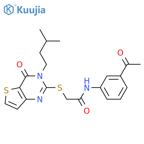 N-(3-acetylphenyl)-2-{[3-(3-methylbutyl)-4-oxo-3H,4H-thieno[3,2-d]pyrimidin-2-yl]sulfanyl}acetamide structure
