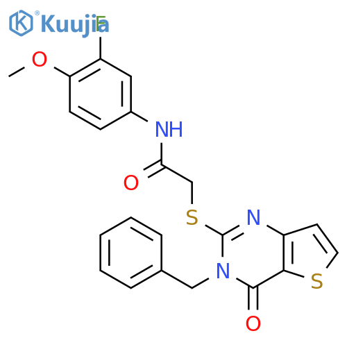 2-({3-benzyl-4-oxo-3H,4H-thieno[3,2-d]pyrimidin-2-yl}sulfanyl)-N-(3-fluoro-4-methoxyphenyl)acetamide structure