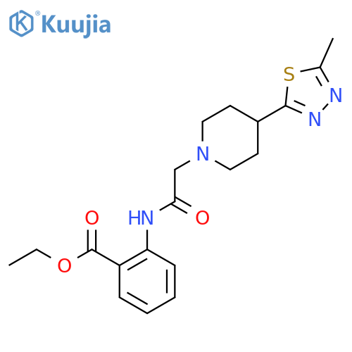 ethyl 2-{2-4-(5-methyl-1,3,4-thiadiazol-2-yl)piperidin-1-ylacetamido}benzoate structure