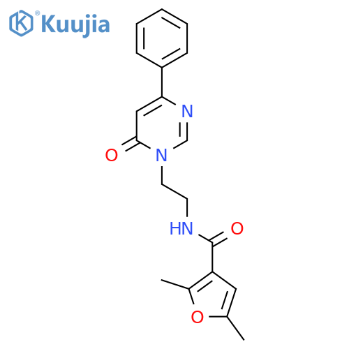 2,5-dimethyl-N-2-(6-oxo-4-phenyl-1,6-dihydropyrimidin-1-yl)ethylfuran-3-carboxamide structure