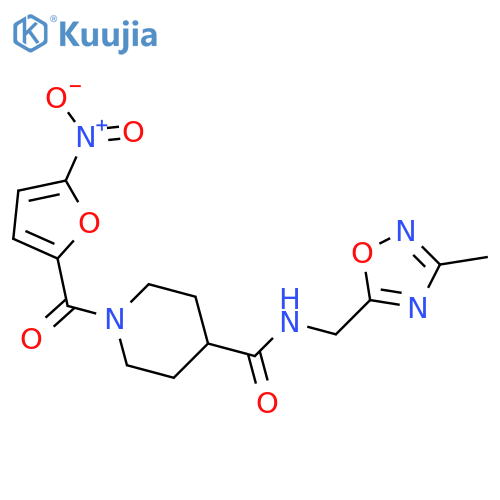 N-(3-methyl-1,2,4-oxadiazol-5-yl)methyl-1-(5-nitrofuran-2-carbonyl)piperidine-4-carboxamide structure