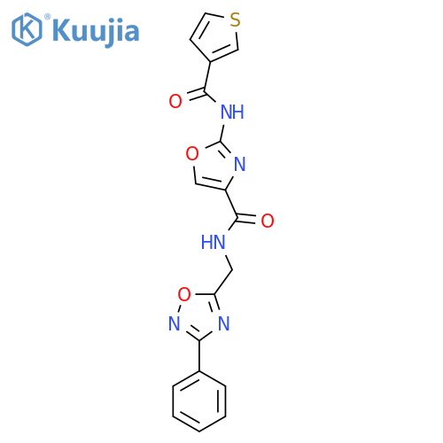 N-(3-phenyl-1,2,4-oxadiazol-5-yl)methyl-2-(thiophene-3-amido)-1,3-oxazole-4-carboxamide structure