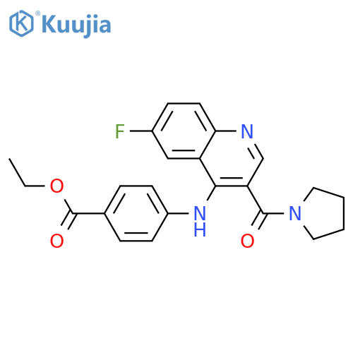 ethyl 4-{[6-fluoro-3-(pyrrolidine-1-carbonyl)quinolin-4-yl]amino}benzoate structure