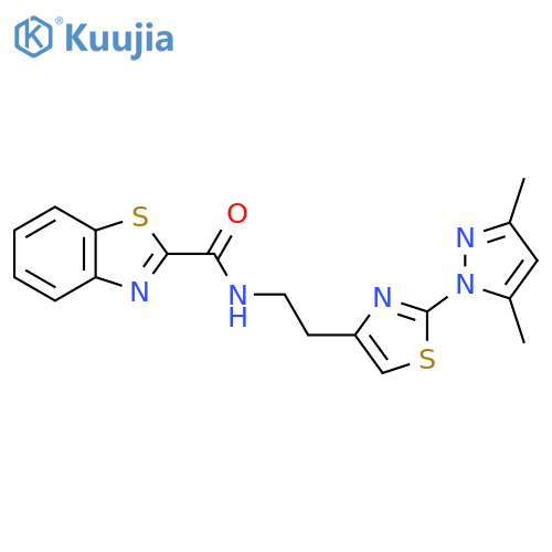 N-{2-[2-(3,5-dimethyl-1H-pyrazol-1-yl)-1,3-thiazol-4-yl]ethyl}-1,3-benzothiazole-2-carboxamide structure