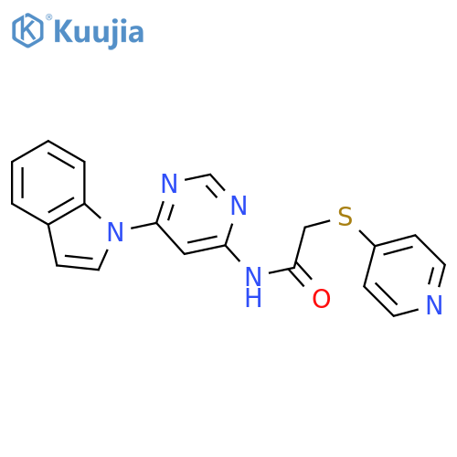 N-6-(1H-indol-1-yl)pyrimidin-4-yl-2-(pyridin-4-ylsulfanyl)acetamide structure