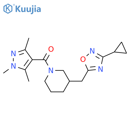 3-[(3-cyclopropyl-1,2,4-oxadiazol-5-yl)methyl]-1-(1,3,5-trimethyl-1H-pyrazole-4-carbonyl)piperidine structure