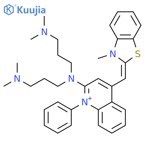 2-{bis[3-(dimethylamino)propyl]amino}-4-[(E)-(3-methyl-1,3-benzothiazol-2(3H)-ylidene)methyl]-1-phenylquinolinium structure