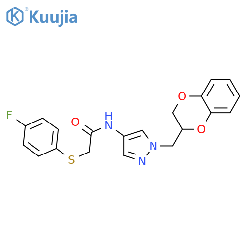N-[1-(2,3-dihydro-1,4-benzodioxin-3-ylmethyl)pyrazol-4-yl]-2-(4-fluorophenyl)sulfanylacetamide structure