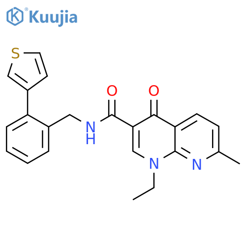 1-ethyl-7-methyl-4-oxo-N-(2-(thiophen-3-yl)benzyl)-1,4-dihydro-1,8-naphthyridine-3-carboxamide structure