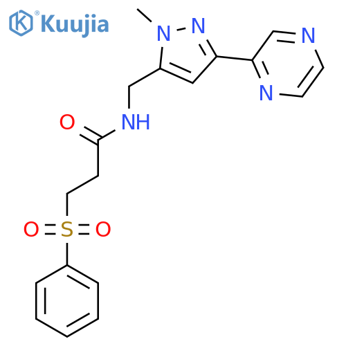 3-(benzenesulfonyl)-N-{1-methyl-3-(pyrazin-2-yl)-1H-pyrazol-5-ylmethyl}propanamide structure