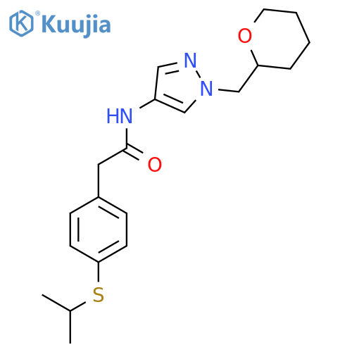 2-(4-(isopropylthio)phenyl)-N-(1-((tetrahydro-2H-pyran-2-yl)methyl)-1H-pyrazol-4-yl)acetamide structure