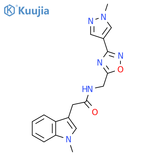 2-(1-methyl-1H-indol-3-yl)-N-{3-(1-methyl-1H-pyrazol-4-yl)-1,2,4-oxadiazol-5-ylmethyl}acetamide structure
