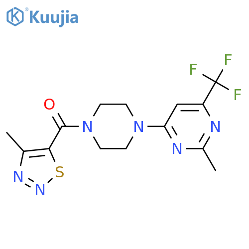 2-methyl-4-[4-(4-methyl-1,2,3-thiadiazole-5-carbonyl)piperazin-1-yl]-6-(trifluoromethyl)pyrimidine structure