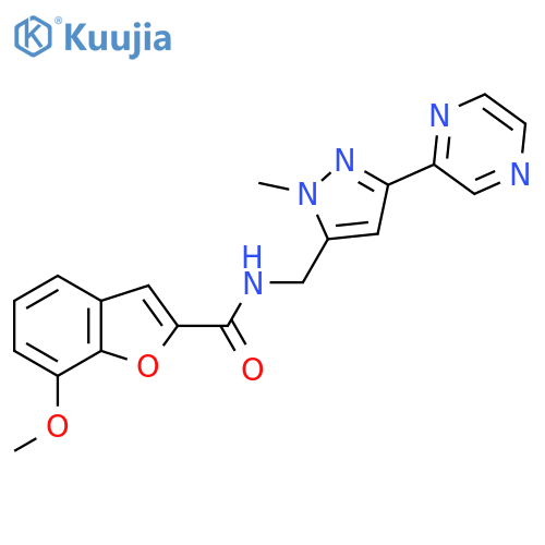 7-methoxy-N-{1-methyl-3-(pyrazin-2-yl)-1H-pyrazol-5-ylmethyl}-1-benzofuran-2-carboxamide structure