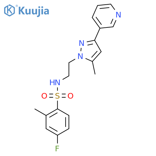 4-fluoro-2-methyl-N-{2-5-methyl-3-(pyridin-3-yl)-1H-pyrazol-1-ylethyl}benzene-1-sulfonamide structure