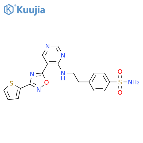 4-[2-({5-[3-(thiophen-2-yl)-1,2,4-oxadiazol-5-yl]pyrimidin-4-yl}amino)ethyl]benzene-1-sulfonamide structure