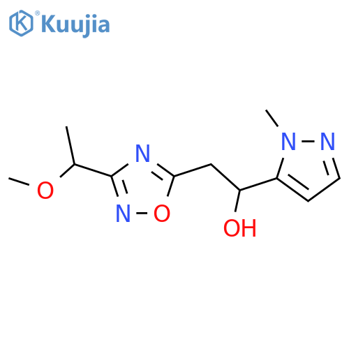 2-3-(1-methoxyethyl)-1,2,4-oxadiazol-5-yl-1-(1-methyl-1H-pyrazol-5-yl)ethan-1-ol structure