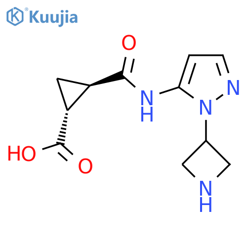 rac-(1R,2R)-2-{1-(azetidin-3-yl)-1H-pyrazol-5-ylcarbamoyl}cyclopropane-1-carboxylic acid structure