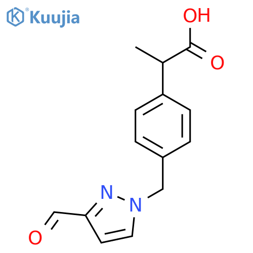 2-{4-[(3-formyl-1H-pyrazol-1-yl)methyl]phenyl}propanoic acid structure