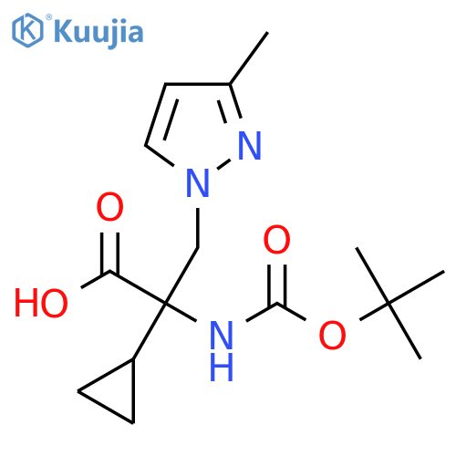 2-{(tert-butoxy)carbonylamino}-2-cyclopropyl-3-(3-methyl-1H-pyrazol-1-yl)propanoic acid structure