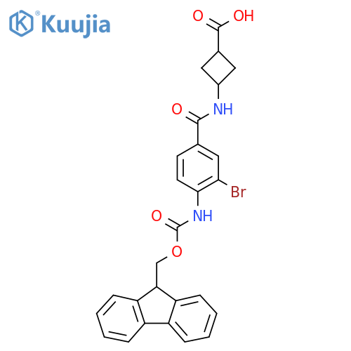 (1r,3r)-3-3-bromo-4-({(9H-fluoren-9-yl)methoxycarbonyl}amino)benzamidocyclobutane-1-carboxylic acid structure