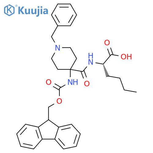 (2S)-2-{1-benzyl-4-({(9H-fluoren-9-yl)methoxycarbonyl}amino)piperidin-4-ylformamido}hexanoic acid structure