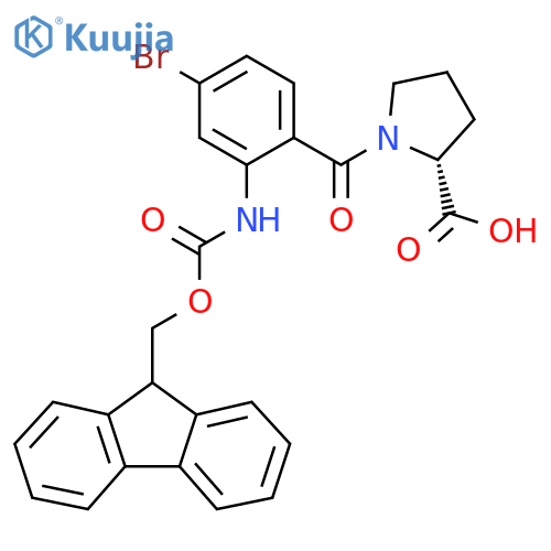 (2R)-1-4-bromo-2-({(9H-fluoren-9-yl)methoxycarbonyl}amino)benzoylpyrrolidine-2-carboxylic acid structure
