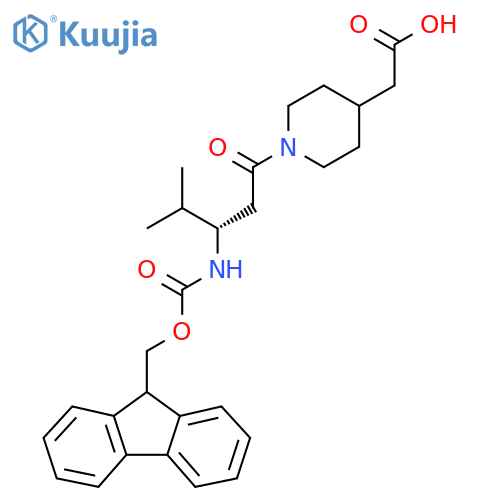 2-{1-(3S)-3-({(9H-fluoren-9-yl)methoxycarbonyl}amino)-4-methylpentanoylpiperidin-4-yl}acetic acid structure