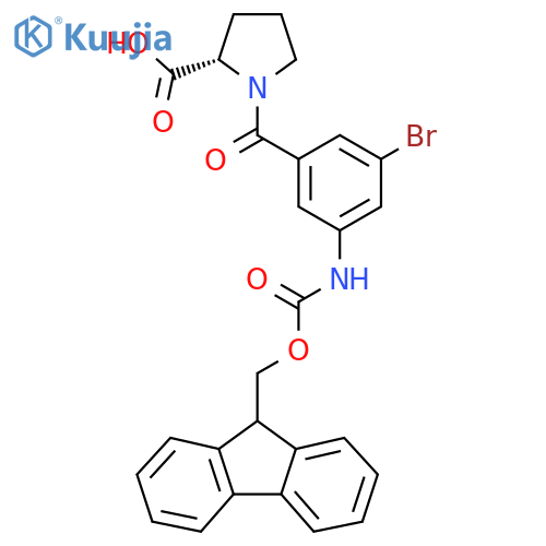 (2S)-1-3-bromo-5-({(9H-fluoren-9-yl)methoxycarbonyl}amino)benzoylpyrrolidine-2-carboxylic acid structure