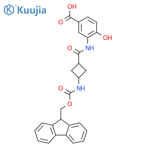 4-hydroxy-3-(1r,3r)-3-({(9H-fluoren-9-yl)methoxycarbonyl}amino)cyclobutaneamidobenzoic acid structure