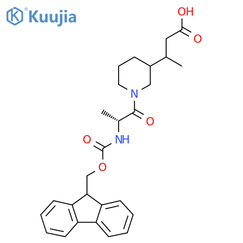 3-{1-(2R)-2-({(9H-fluoren-9-yl)methoxycarbonyl}amino)propanoylpiperidin-3-yl}butanoic acid structure