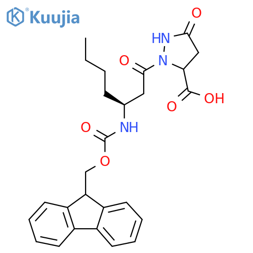 2-(3S)-3-({(9H-fluoren-9-yl)methoxycarbonyl}amino)heptanoyl-5-oxopyrazolidine-3-carboxylic acid structure