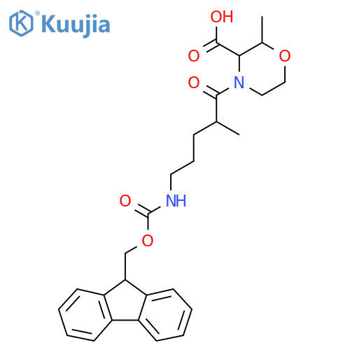 4-5-({(9H-fluoren-9-yl)methoxycarbonyl}amino)-2-methylpentanoyl-2-methylmorpholine-3-carboxylic acid structure