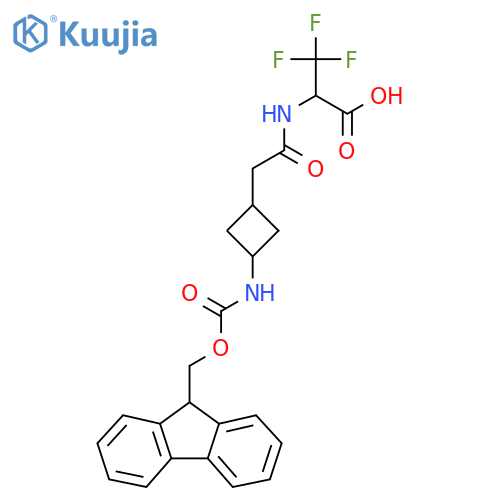 2-{2-3-({(9H-fluoren-9-yl)methoxycarbonyl}amino)cyclobutylacetamido}-3,3,3-trifluoropropanoic acid structure